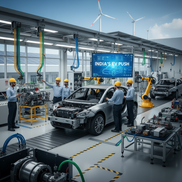 Manufacturing facility for electric vehicles in India with engineers.