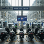 Electric scooters charging in a modern Indian manufacturing plant, reflecting domestic production and a push for EVs.