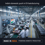 Manufacturing facility in India producing EV batteries with "Make in India" slogan.