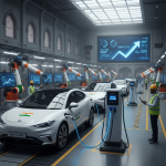 Electric vehicles being manufactured and charged in a modern Indian factory, highlighting the "Made in India" initiative.