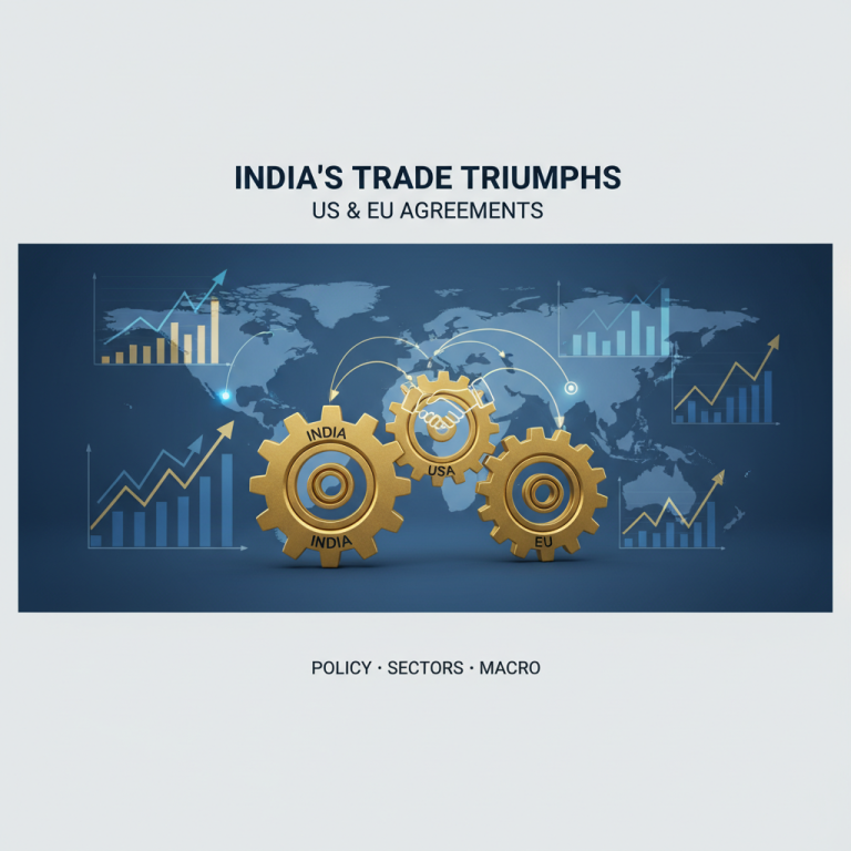 Three interlocking golden gears representing India, USA, and EU, symbolizing trade agreements and economic collaboration.