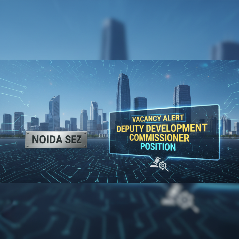 Professional image for "Vacancy Alert: Deputy Development Commissioner Position at Noida SEZ" with skyline and tech elements.