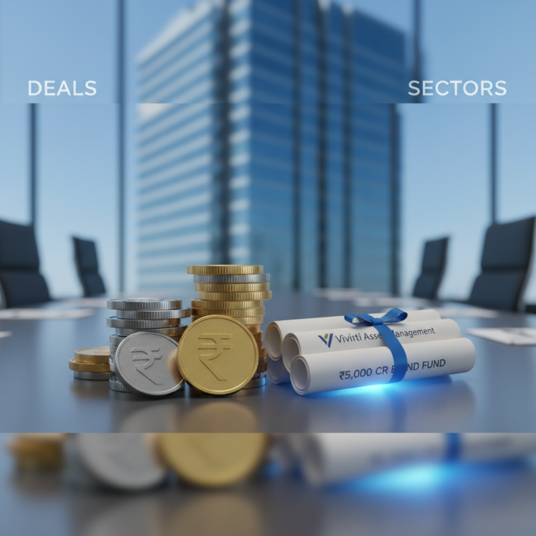 A professional image with stacks of Indian Rupee coins and rolled bond certificates on a sleek conference table.