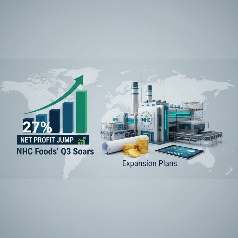 A professional image showing a factory, a growth chart indicating a 27% net profit jump, and coins on a world map.