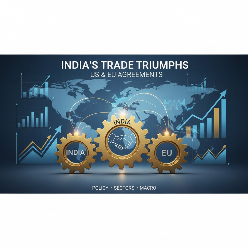 Three golden gears, labeled India, US, and EU, interconnected over a world map with rising bar graphs.
