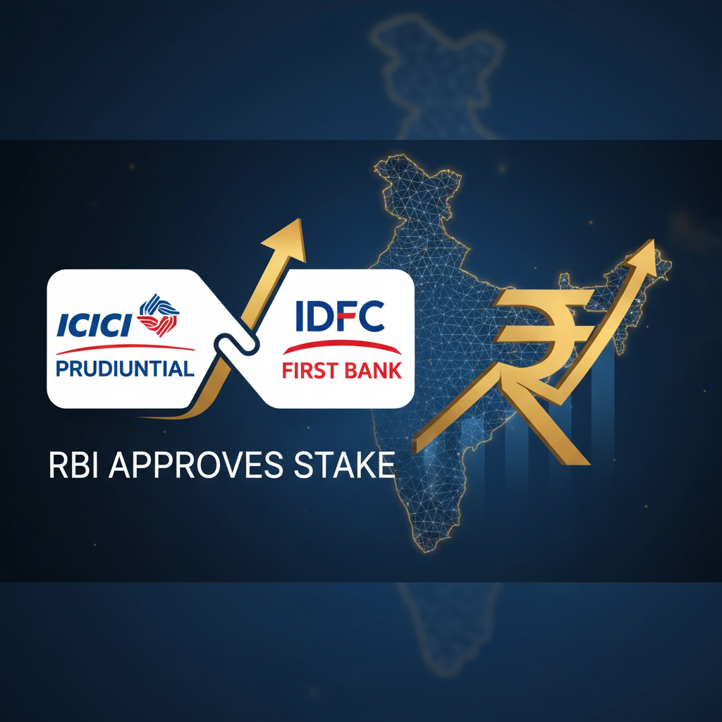 Visualizing the RBI's approval for ICICI Prudential's stake in IDFC First Bank with logos and growth arrows.
