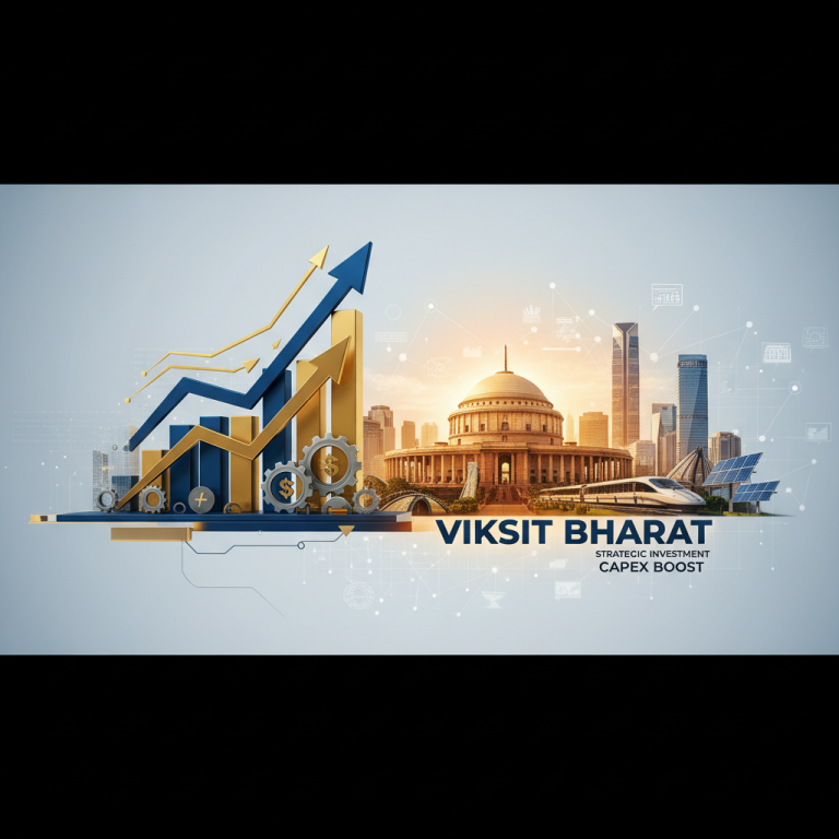 An image showing growth arrows, gears, and India's Parliament, representing economic development and strategic investment.