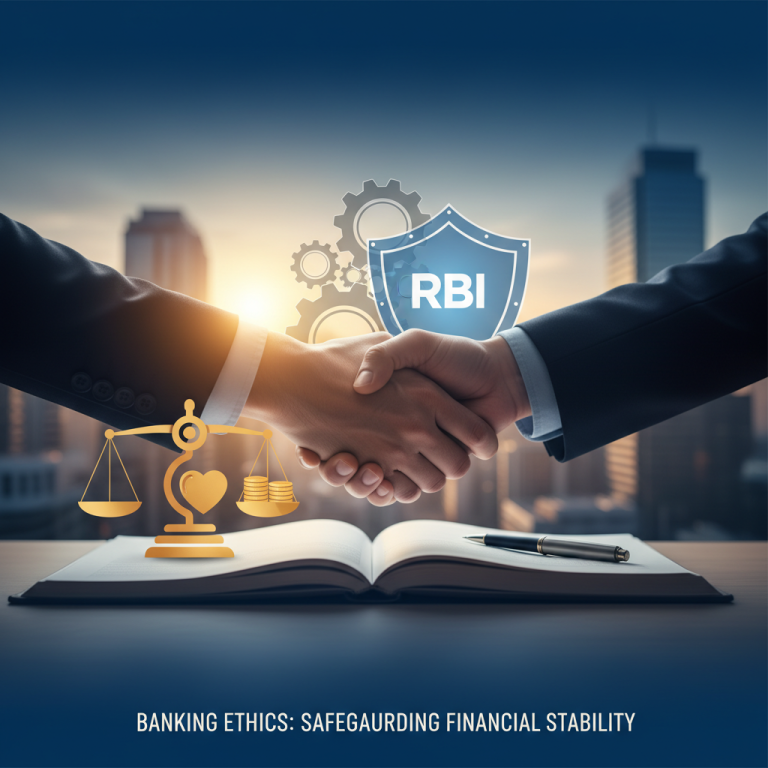 Two businessmen shaking hands over an open book with scales of justice, gears, and an RBI shield.