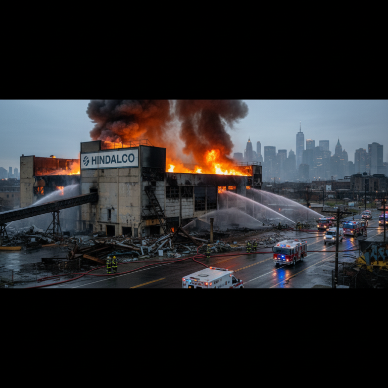 A large industrial plant, identified as "Hindalco," is engulfed in a massive fire with thick smoke rising.