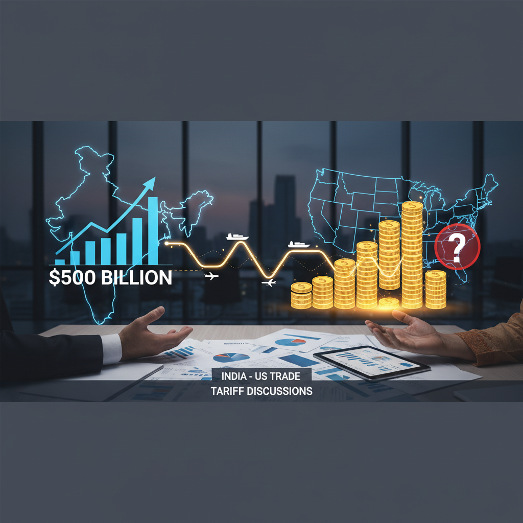 A professional image illustrating India-US trade discussions with charts, maps, and a question mark over tariffs.