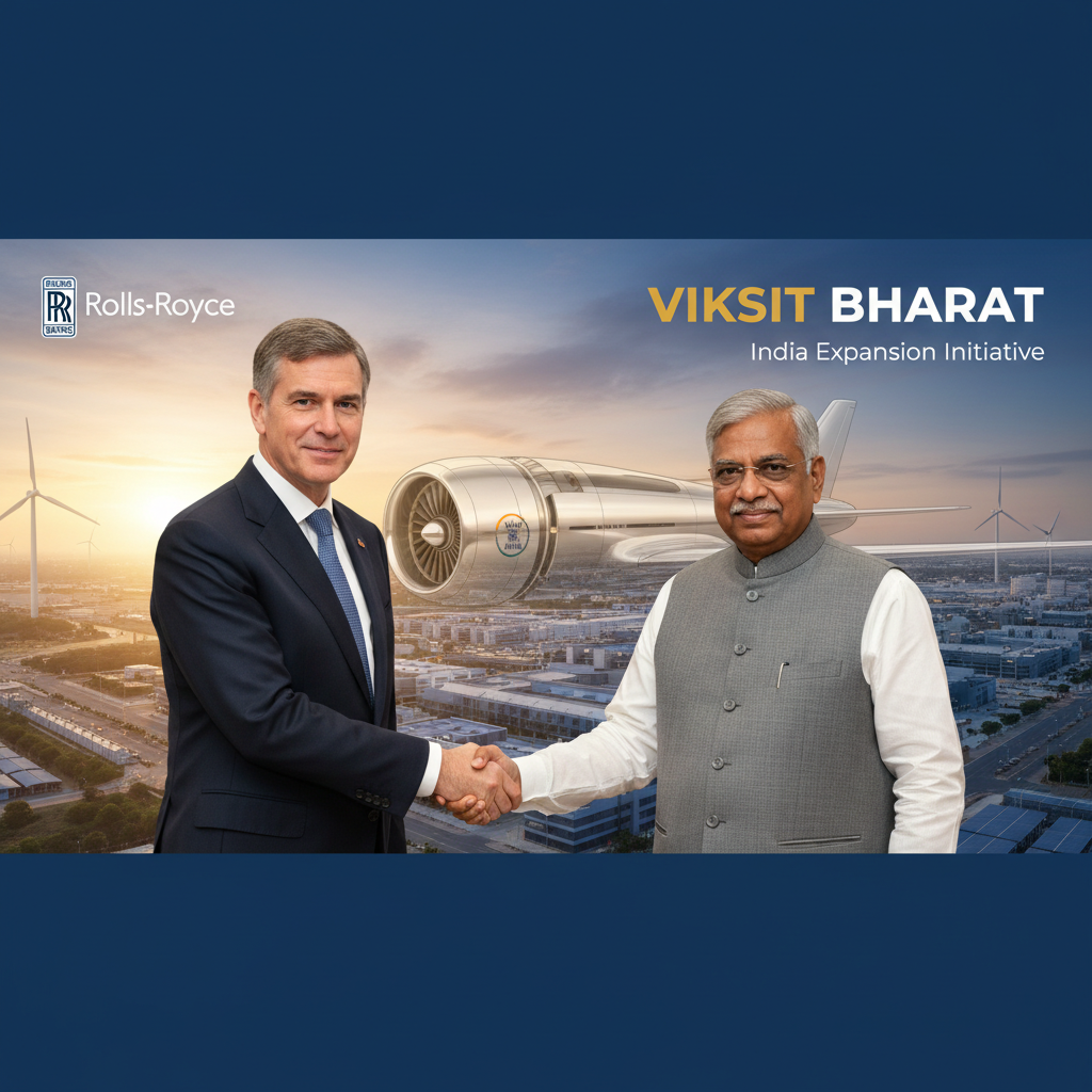 Two executives shaking hands with a Rolls-Royce jet engine overlay and a cityscape with wind turbines.