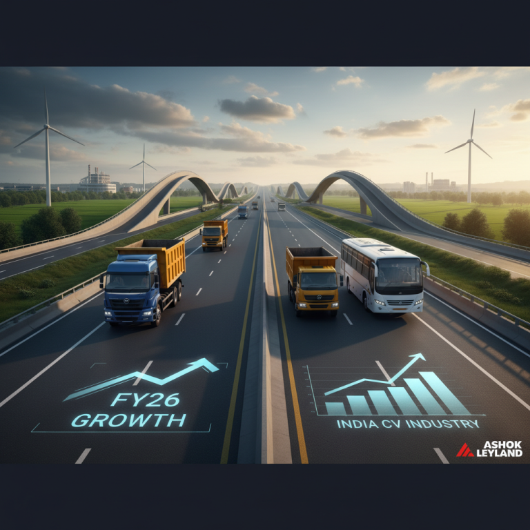 Commercial vehicles on a highway with growth charts, symbolizing Ashok Leyland's positive forecast for the Indian CV industry.