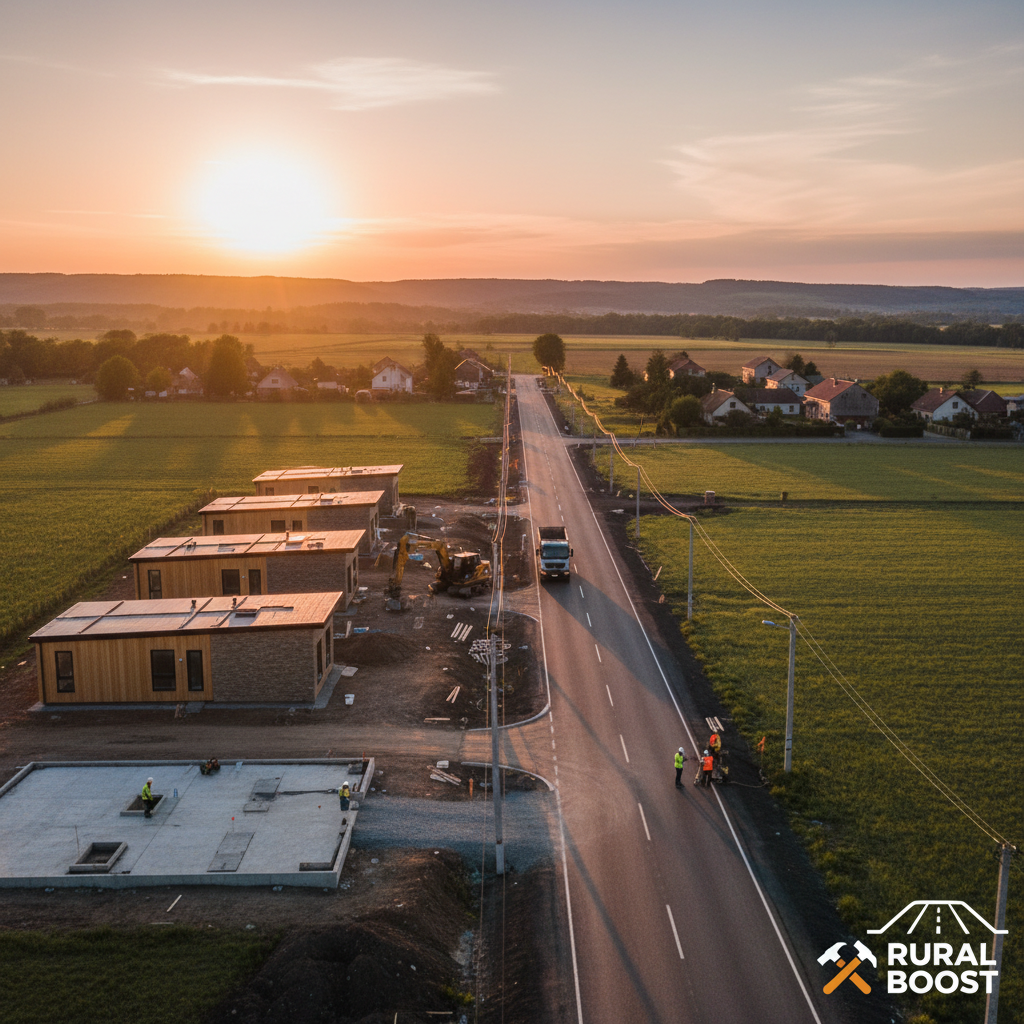 An aerial view of new rural development with housing foundations and a road under construction at sunset.