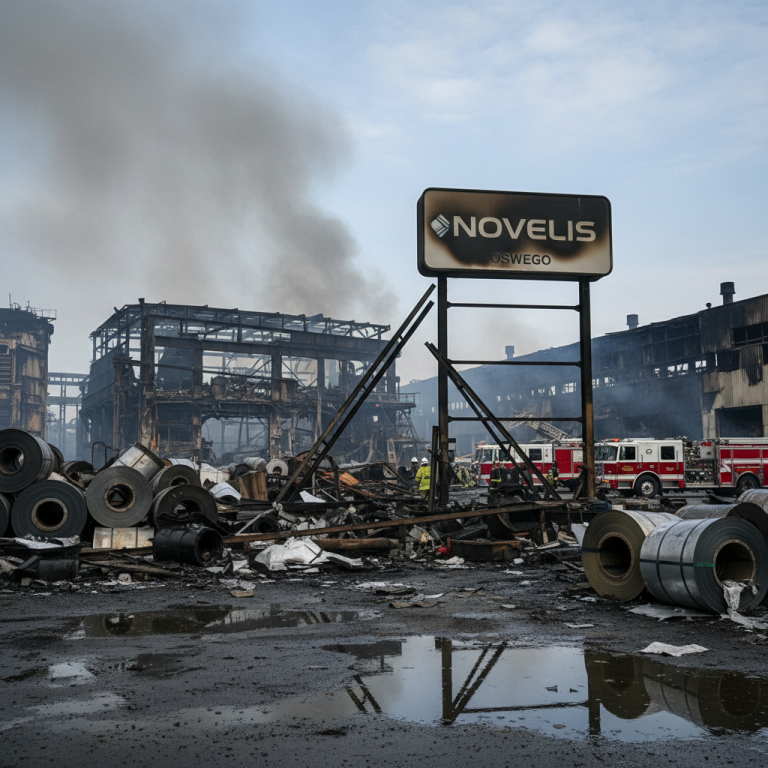 Burned Novelis Oswego sign with extensive fire damage to the industrial facility in the background.