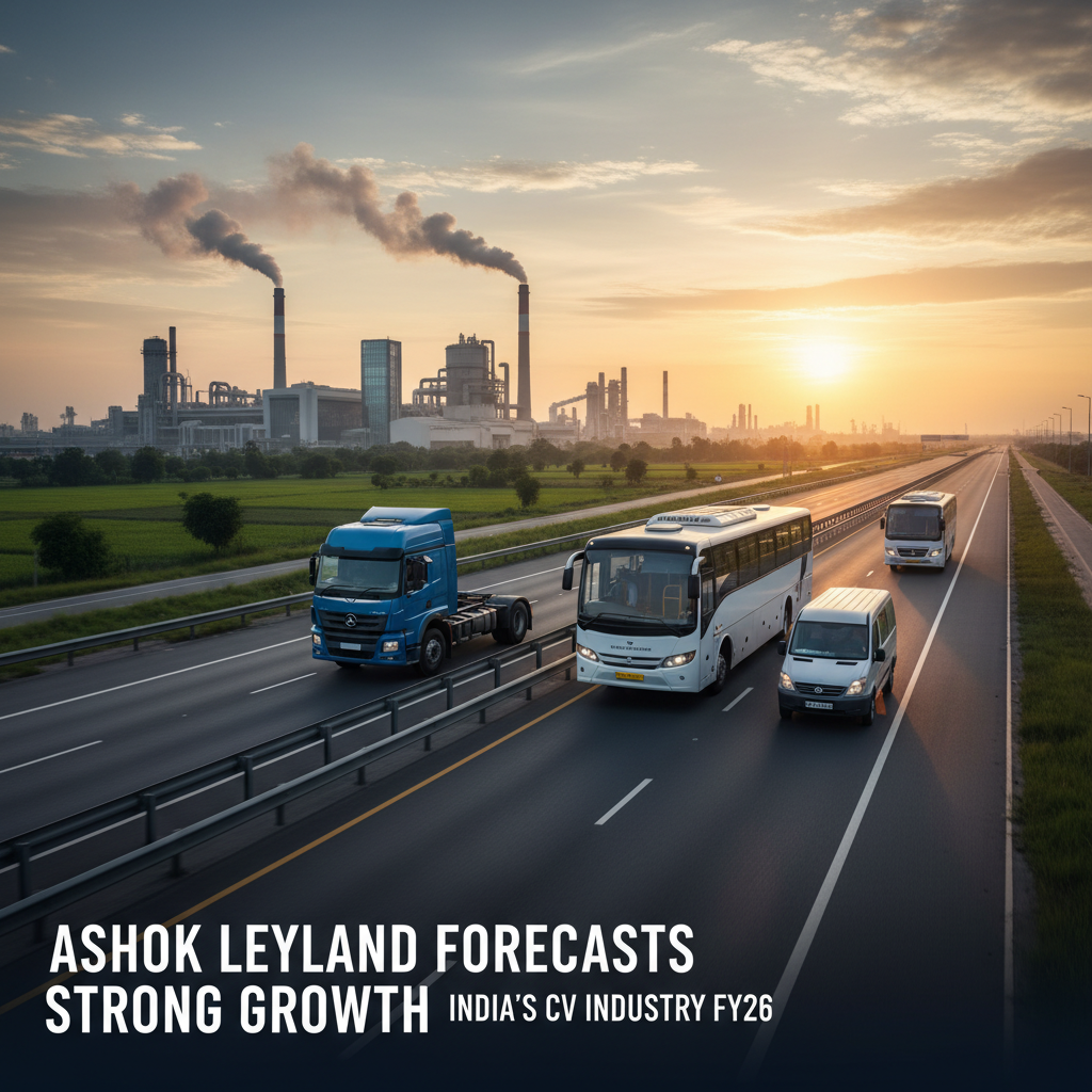 Commercial vehicles on a highway at sunset, with an industrial complex in the background, symbolizing economic growth.