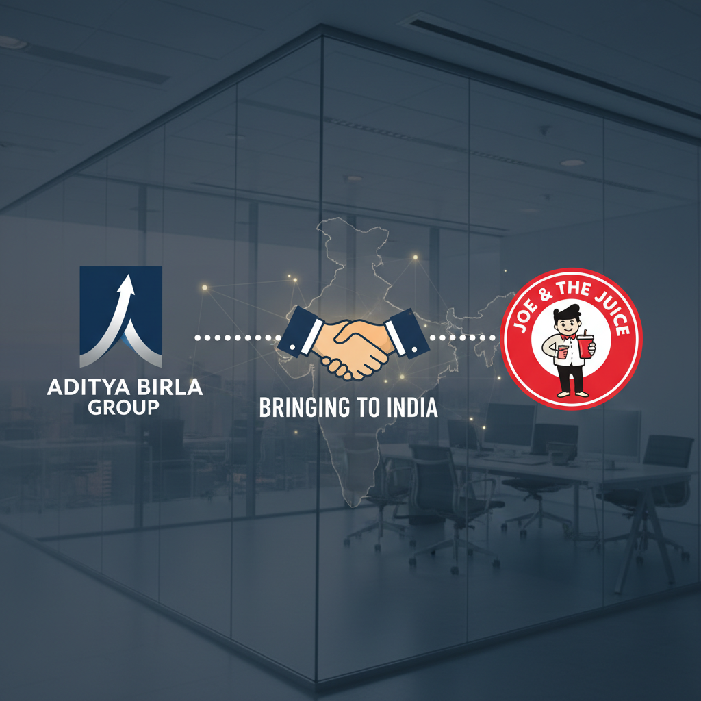 A professional image showing the logos of Aditya Birla Group and JOE & THE JUICE, connected by a handshake icon over a map of India.