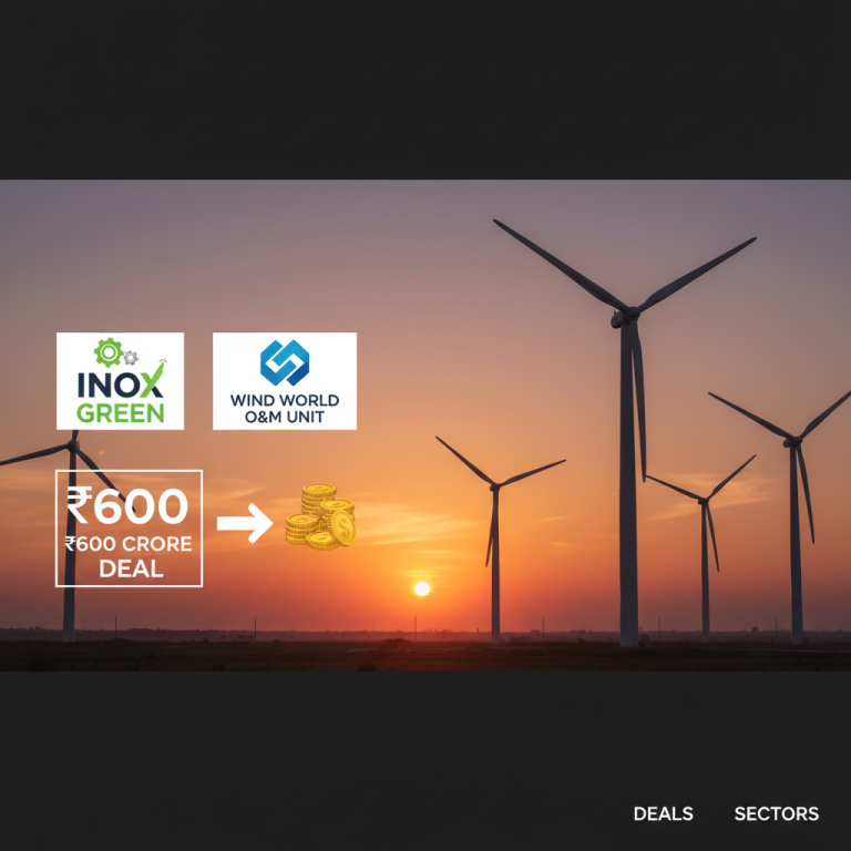 Illustration of the Inox Green and Wind World O&M Unit logos, with a ₹600 crore deal depicted, set against a wind farm at sunset.