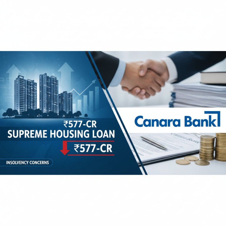 Professional image depicting Canara Bank's involvement in a housing loan bid with insolvency concerns.