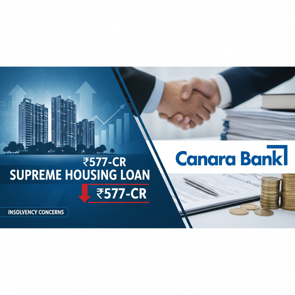 Professional image depicting Canara Bank's involvement in a housing loan bid with insolvency concerns.