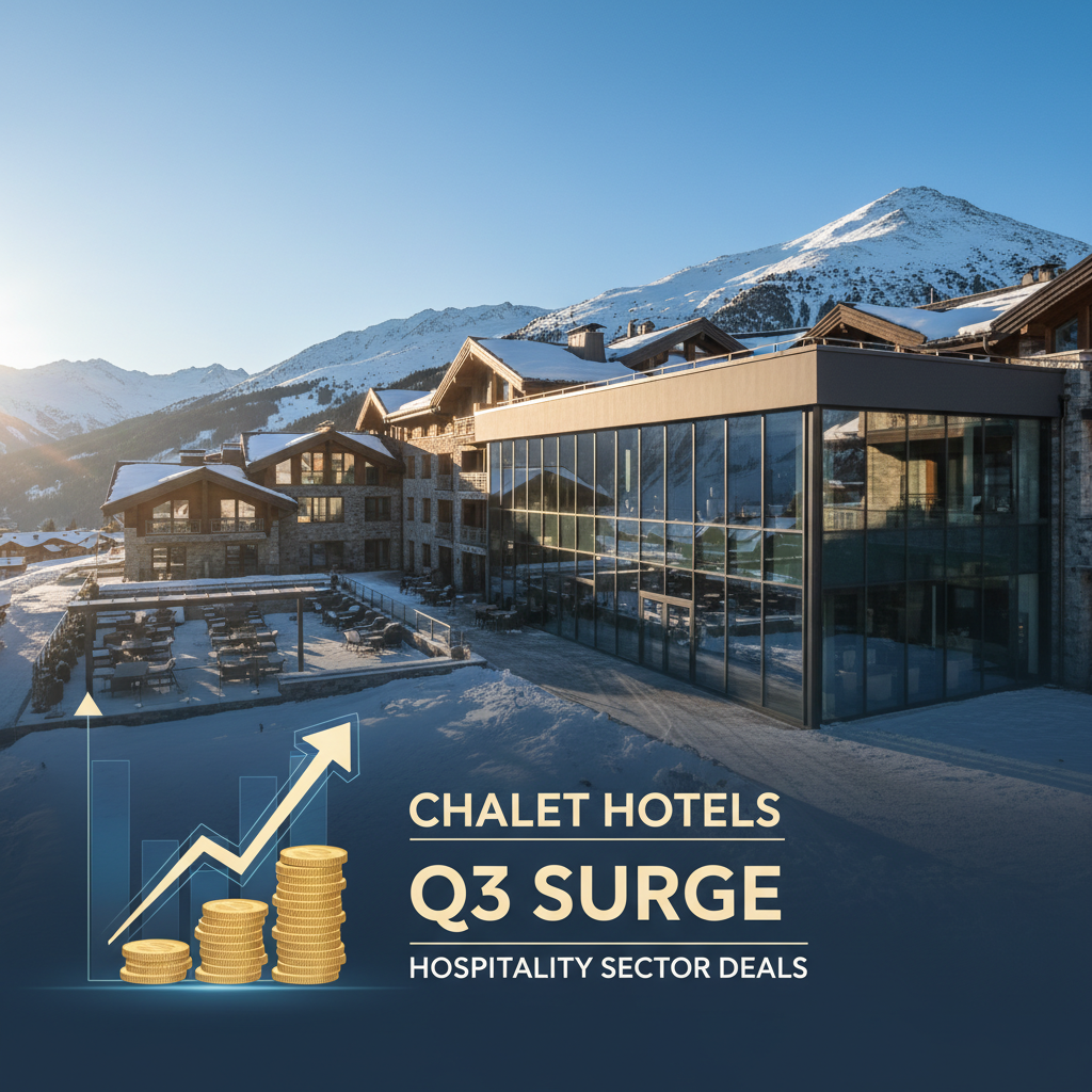A modern chalet-style hotel nestled in snowy mountains with a rising stock market graph overlay.