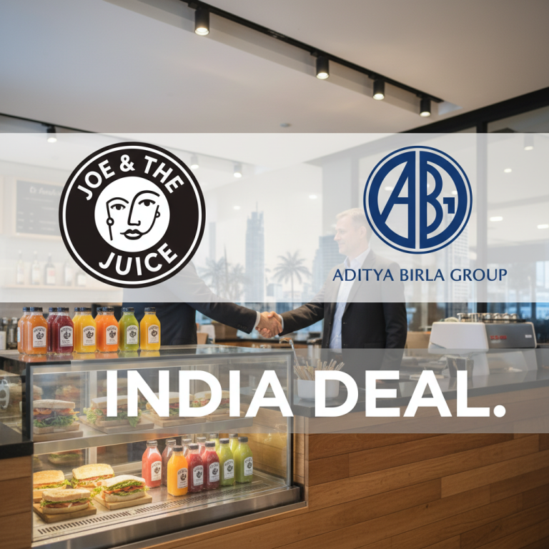 A professional image showing the logos of JOE & THE JUICE and Aditya Birla Group with "INDIA DEAL." text.