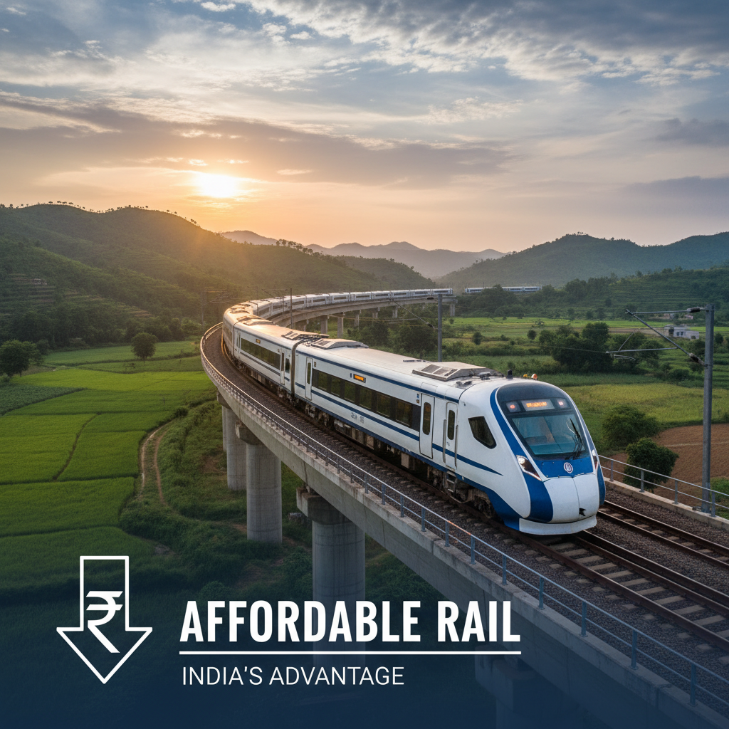 High-speed Vande Bharat train on an elevated track through green landscapes at sunset, with text overlay.