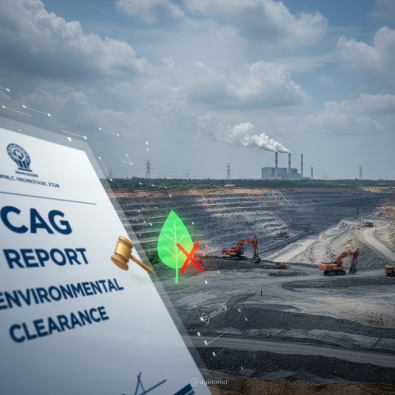 A professional image showing a coal mine, a power plant, a CAG report, and a 'no leaves' icon.