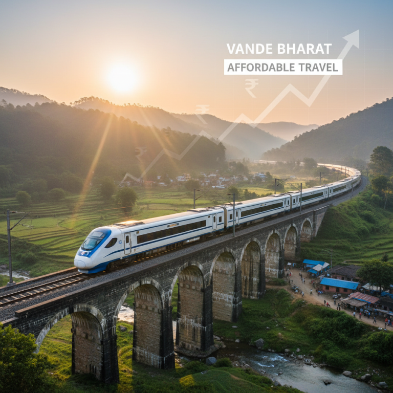 A modern Vande Bharat train crosses an arched bridge over a river at sunset, with rolling hills and villages in the background.