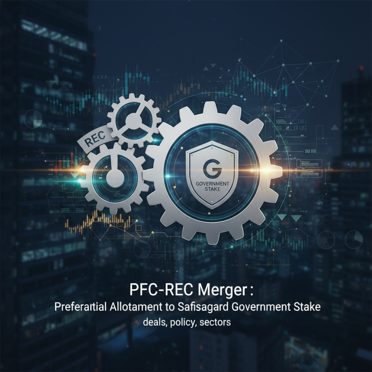 Gears symbolizing the PFC-REC merger, with one gear specifically representing "Government Stake," set against a financial cityscape.