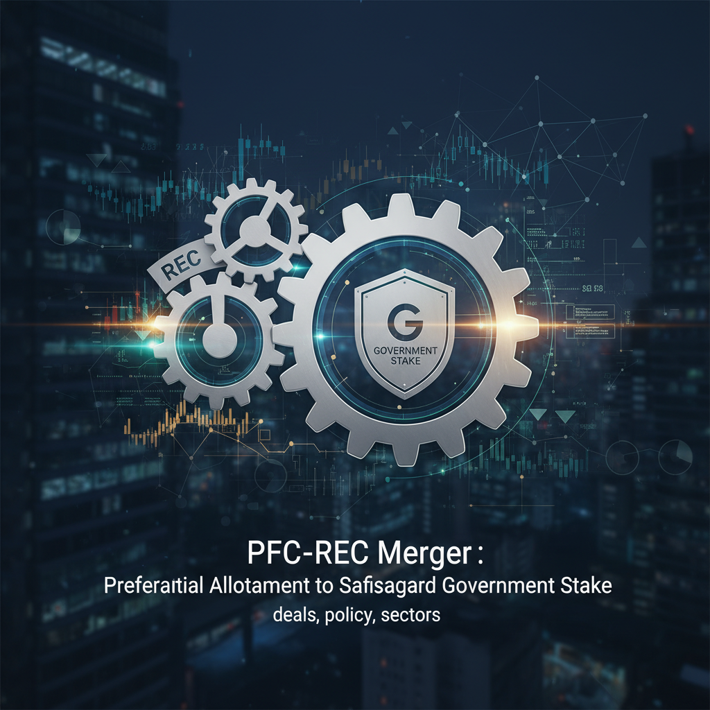 Gears symbolizing the PFC-REC merger, with one gear specifically representing "Government Stake," set against a financial cityscape.