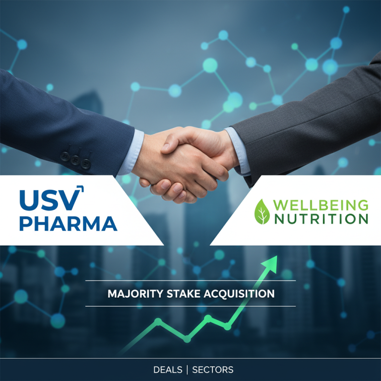 A handshake between two suited individuals, symbolizing a deal, with logos for USV Pharma and Wellbeing Nutrition and an upward trend arrow.