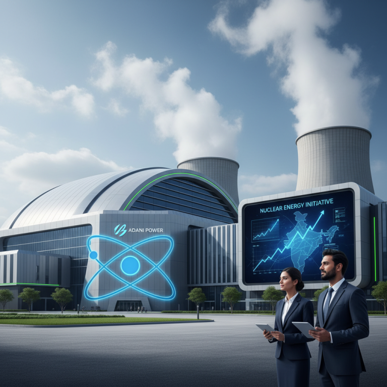 Two professionals stand before a futuristic nuclear power plant with the Adani Power logo and a "Nuclear Energy Initiative" display.
