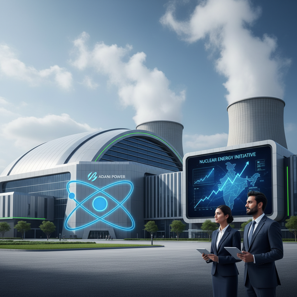 Two professionals stand before a futuristic nuclear power plant with the Adani Power logo and a "Nuclear Energy Initiative" display.