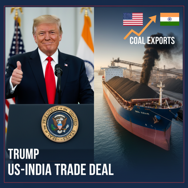Donald Trump giving a thumbs up alongside a cargo ship laden with coal, symbolizing US-India trade and exports.