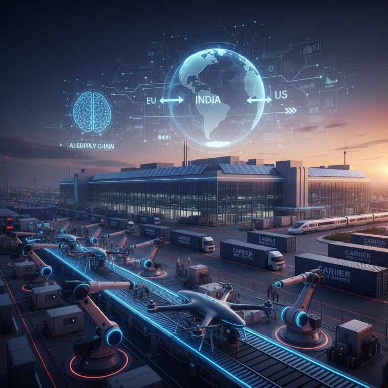 A futuristic factory in India, with robotic arms, shipping containers, and a holographic globe connecting India to the EU and US.