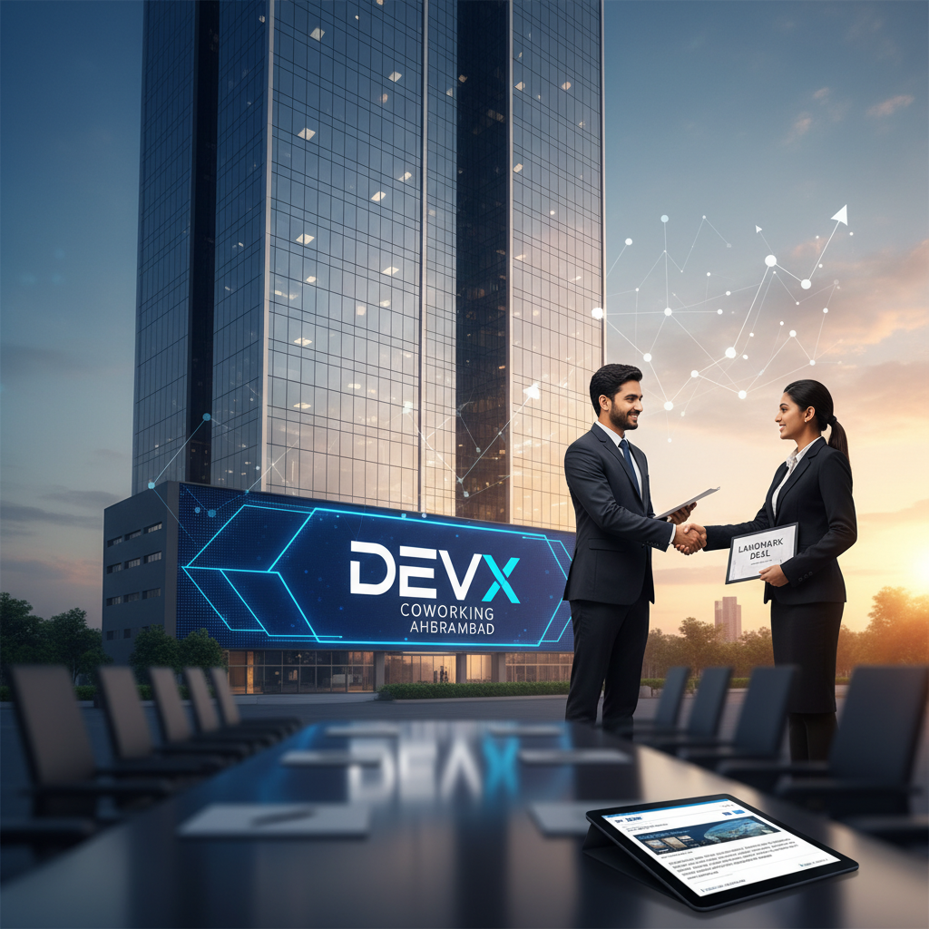Two professionals shaking hands in front of a modern office tower with the DevX logo, symbolizing a landmark deal.