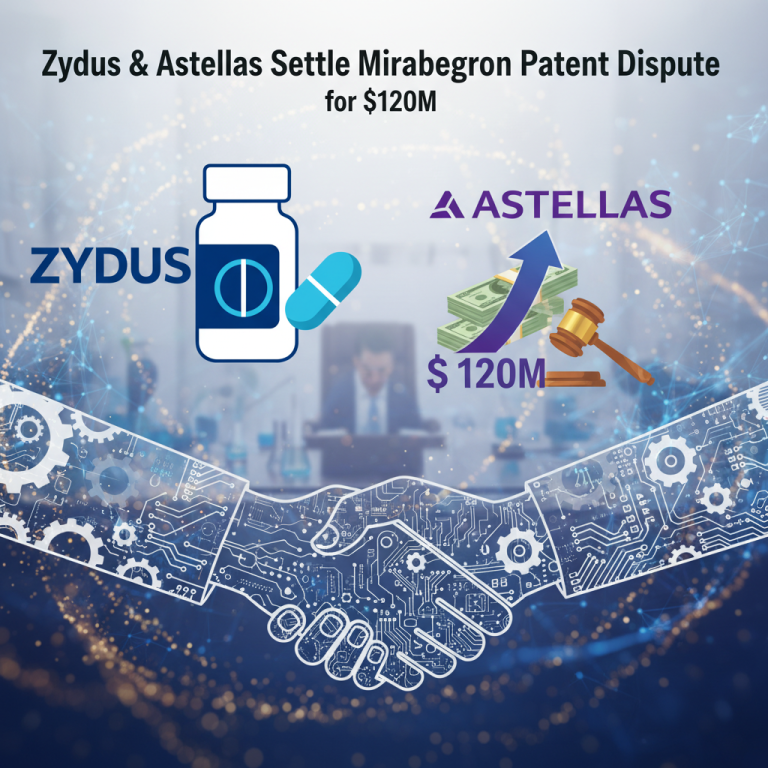 An image showing a handshake with circuit board elements, symbolizing a patent dispute settlement between Zydus and Astellas.