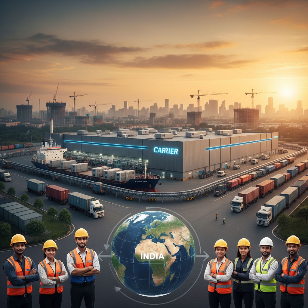 Manufacturing facility in India with "Carrier" logo, shipping containers, trucks, and diverse workers, with a globe overlay.