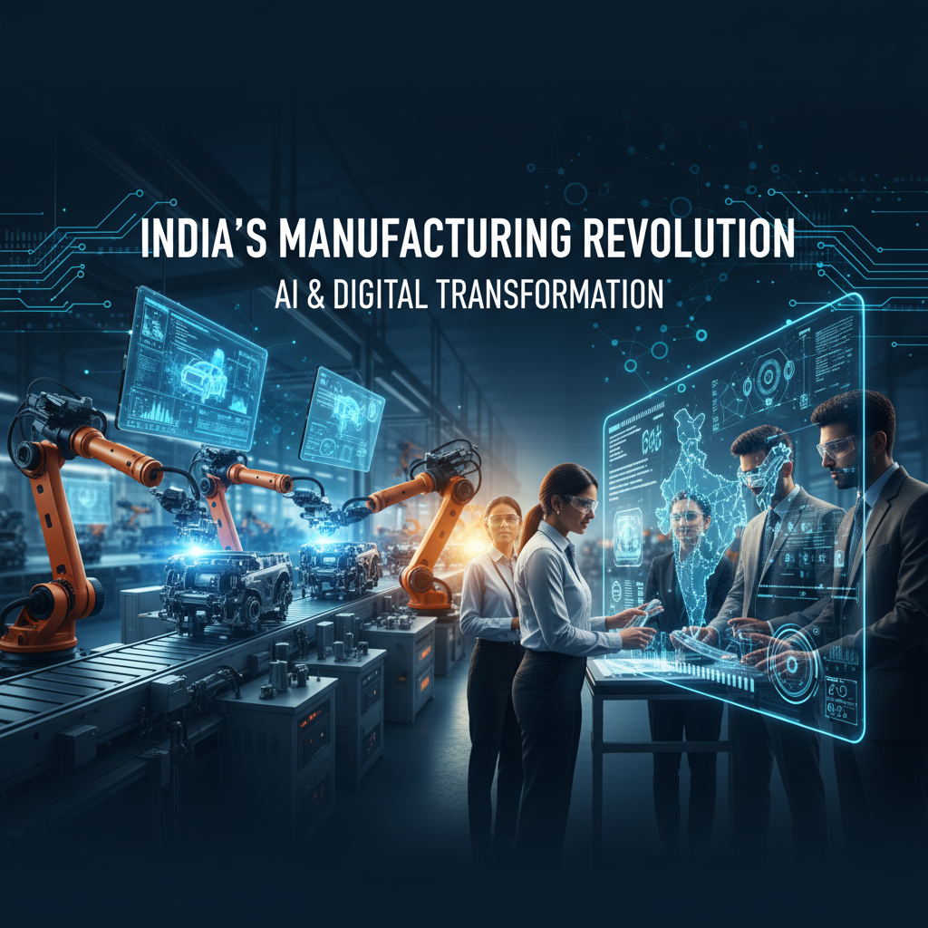Professionals interacting with a futuristic display in a smart factory, symbolizing AI and digital transformation in Indian manufacturing.