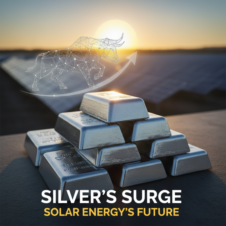Silver bars stacked in the foreground with a stylized, glowing bull graphic and an upward arrow, set against solar panels under a sunset.