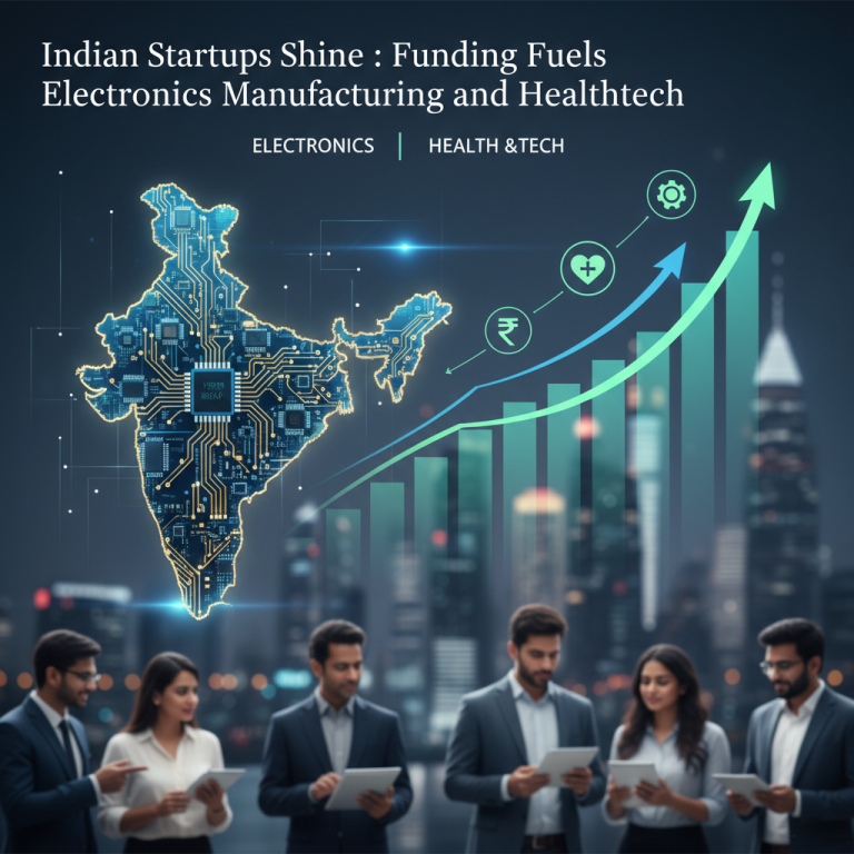 A stylized map of India with circuit board patterns, an upward trending graph, business people, and tech/health icons.