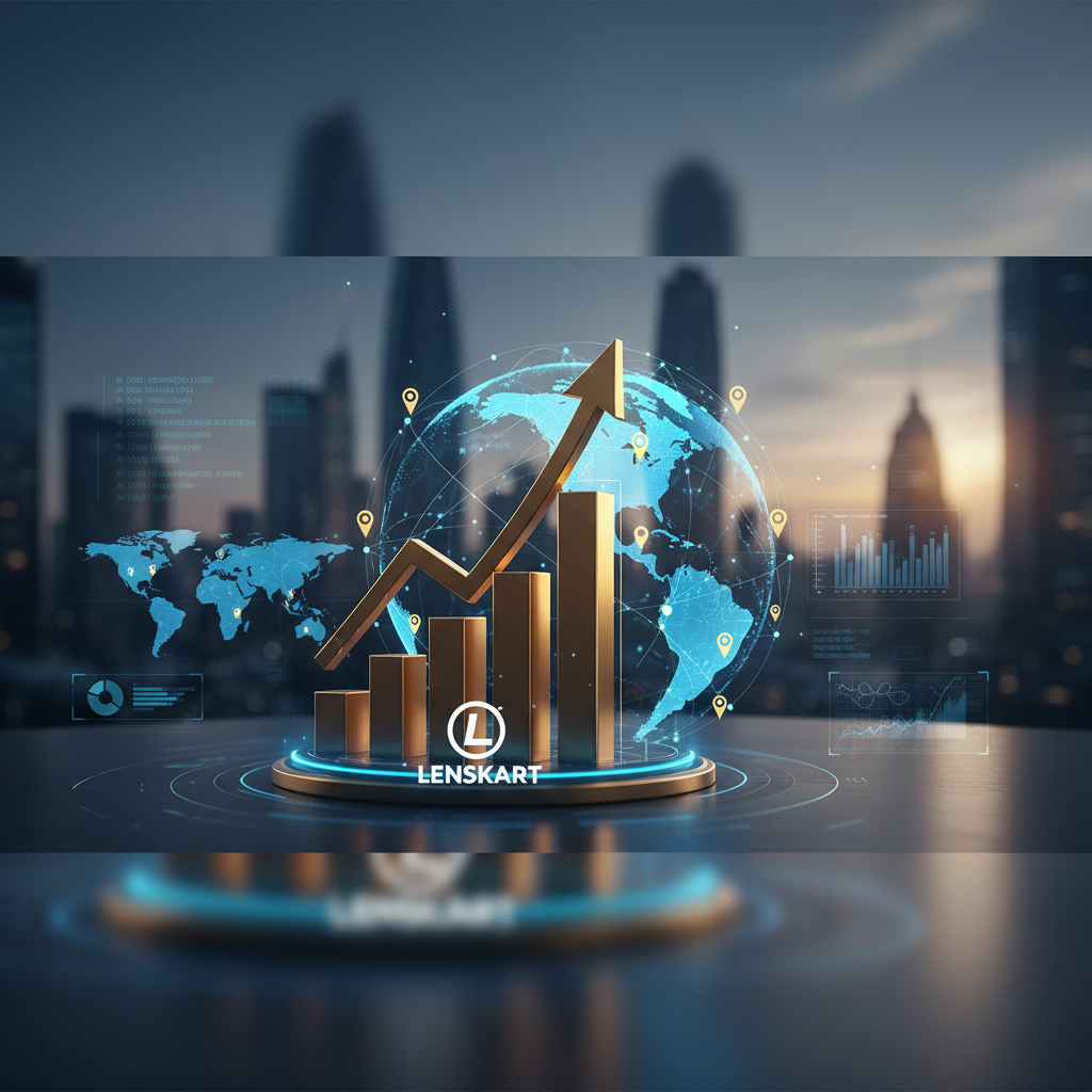 A professional visual representing global growth and financial success, with the Lenskart logo prominent.
