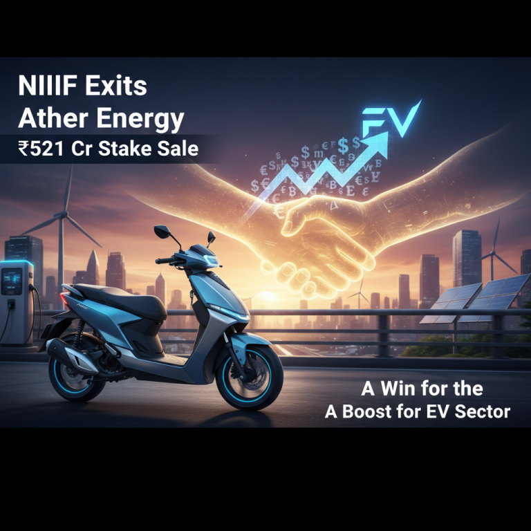 An electric scooter with a handshake overlay, symbolizing the NIIF stake sale from Ather Energy.