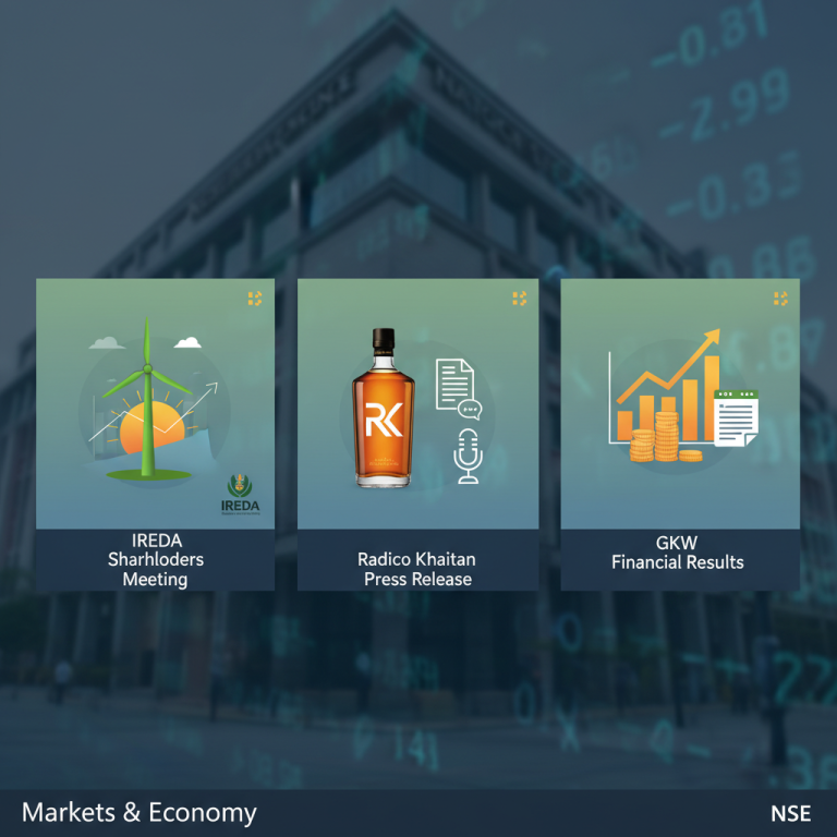 A professional image depicting three squares: one with a wind turbine for IREDA, one with a bottle and microphone for Radico Khaitan, and one with a bar graph and coins for GKW, all against a blurred stock market background.