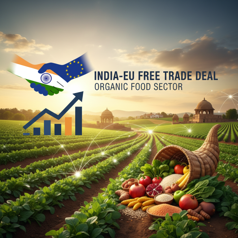 A vibrant image depicting the India-EU free trade deal benefiting the organic food sector, with flags, growth charts, and fresh produce.