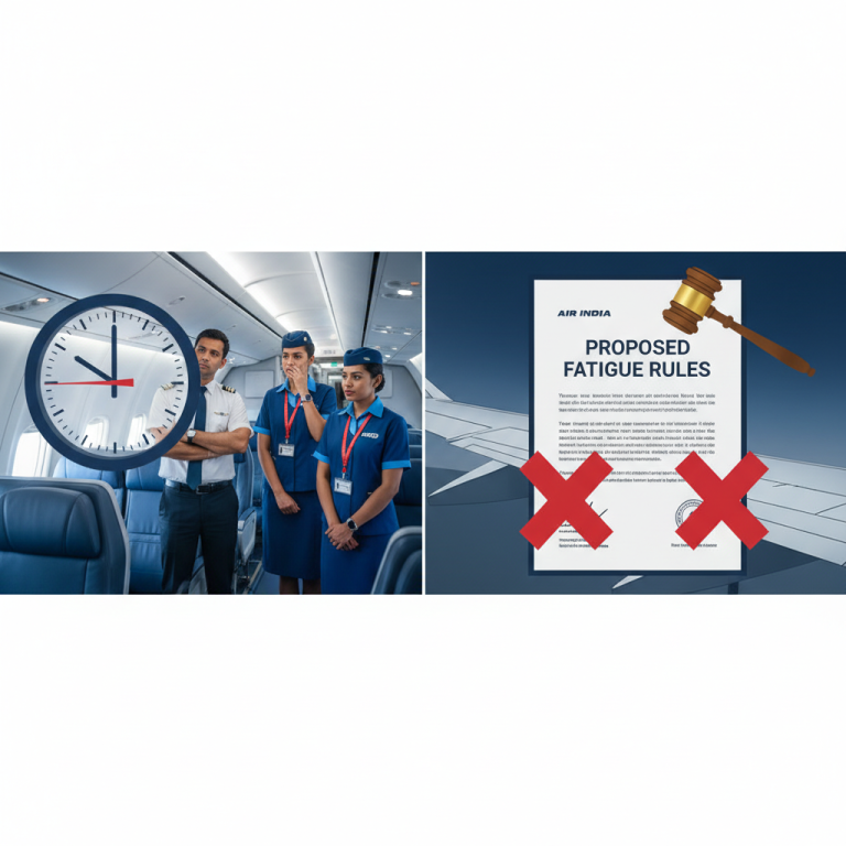 A pilot and two flight attendants looking concerned, with a clock overlay; a document with "Proposed Fatigue Rules" and red X marks.