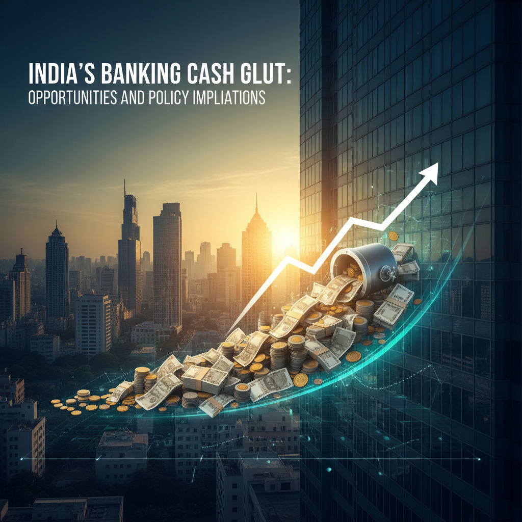 A modern city skyline at sunset with currency spilling from a bank, overlaid with an upward trend arrow.*