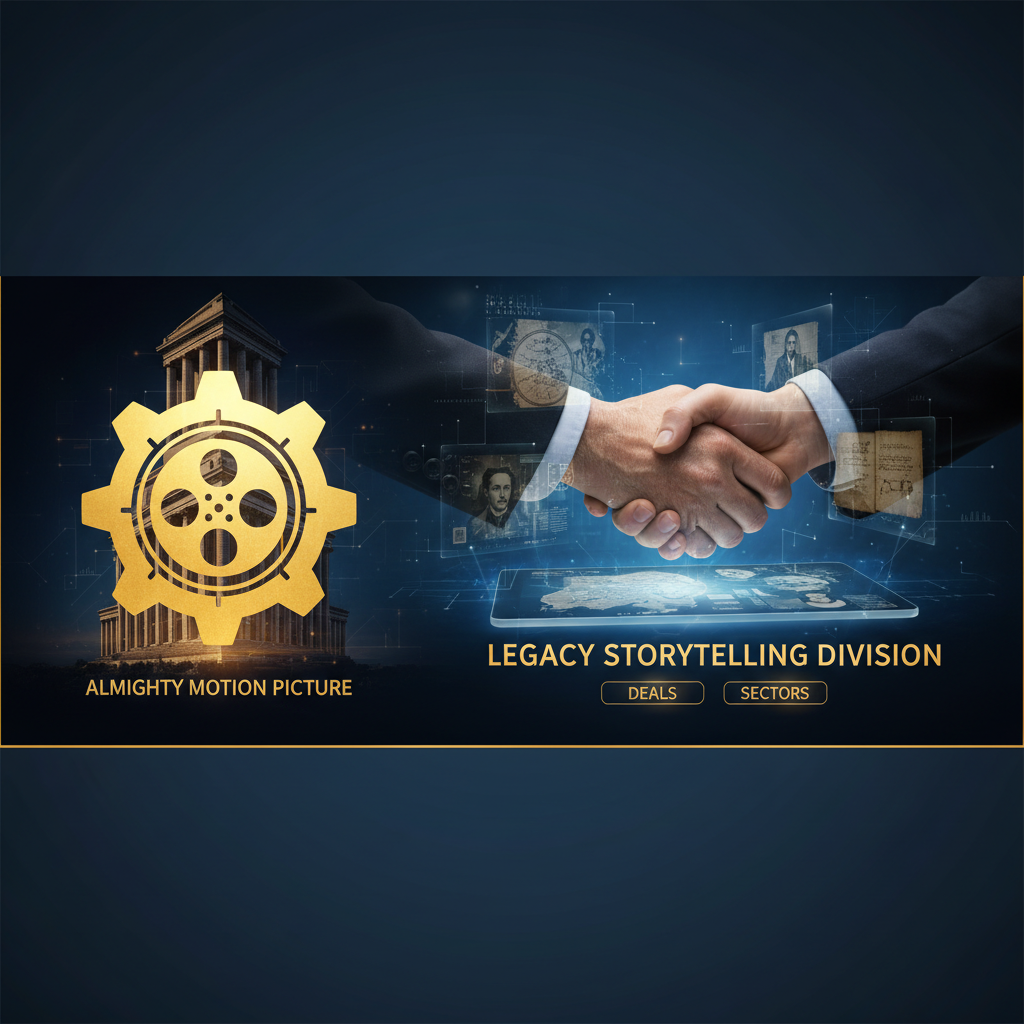 A cinematic gear icon superimposed on a classical building, with a handshake and digital interfaces representing deals and sectors.