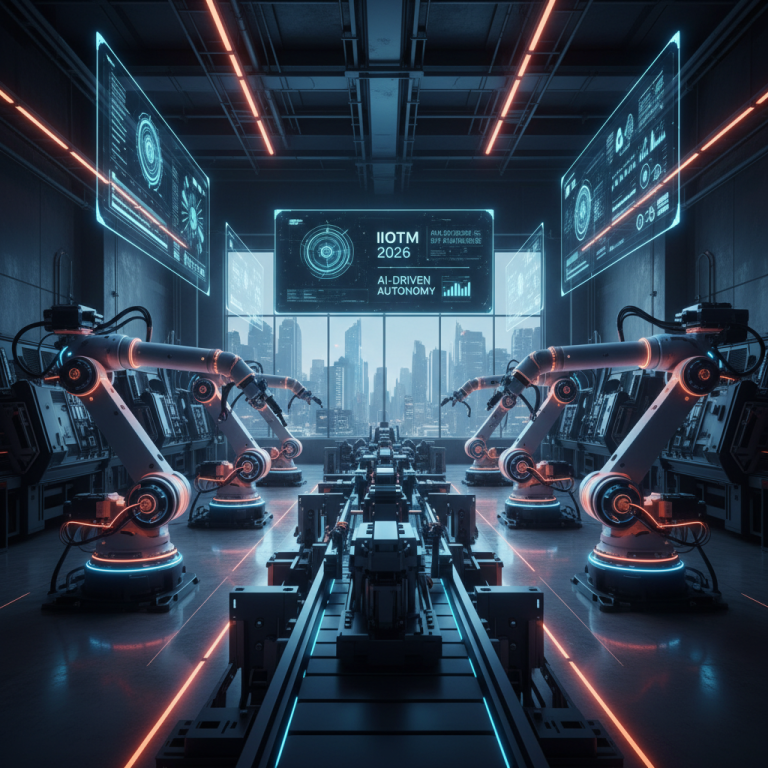 Robotic arms in a high-tech factory with glowing screens displaying data, looking out onto a cityscape.