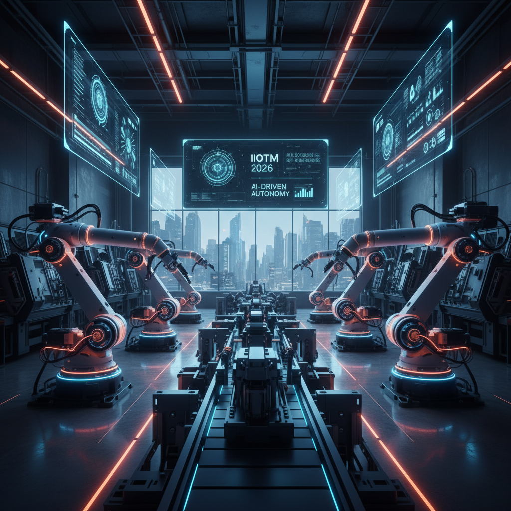Robotic arms in a high-tech factory with glowing screens displaying data, looking out onto a cityscape.